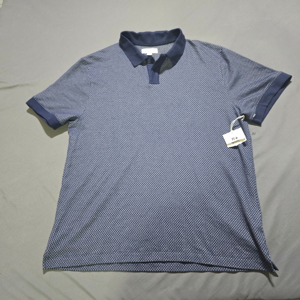 Free Assembly Jacquard Polo Men Large Navy Checked Short Sleeve Old Money Luxury